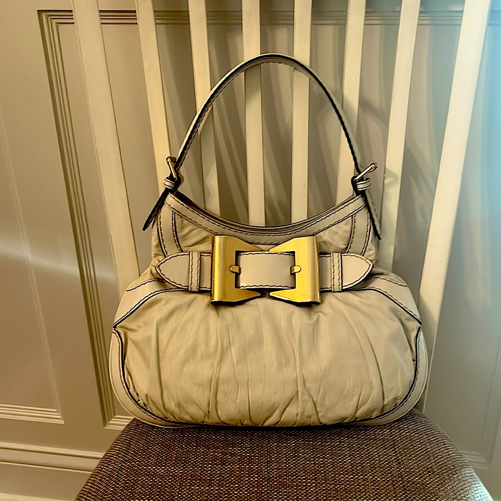 Gucci 👑 Queen Gold Bow Leather Shoulder/Hobo Bag Cream